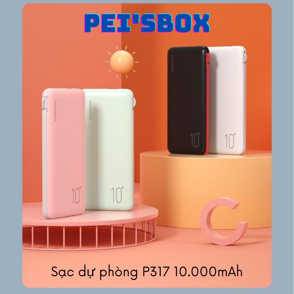 Sạc Dự Phòng 10000mAh P317 đi kèm với cáp sạc hỗ trợ sạc nhiều thiết bị cùng lúc