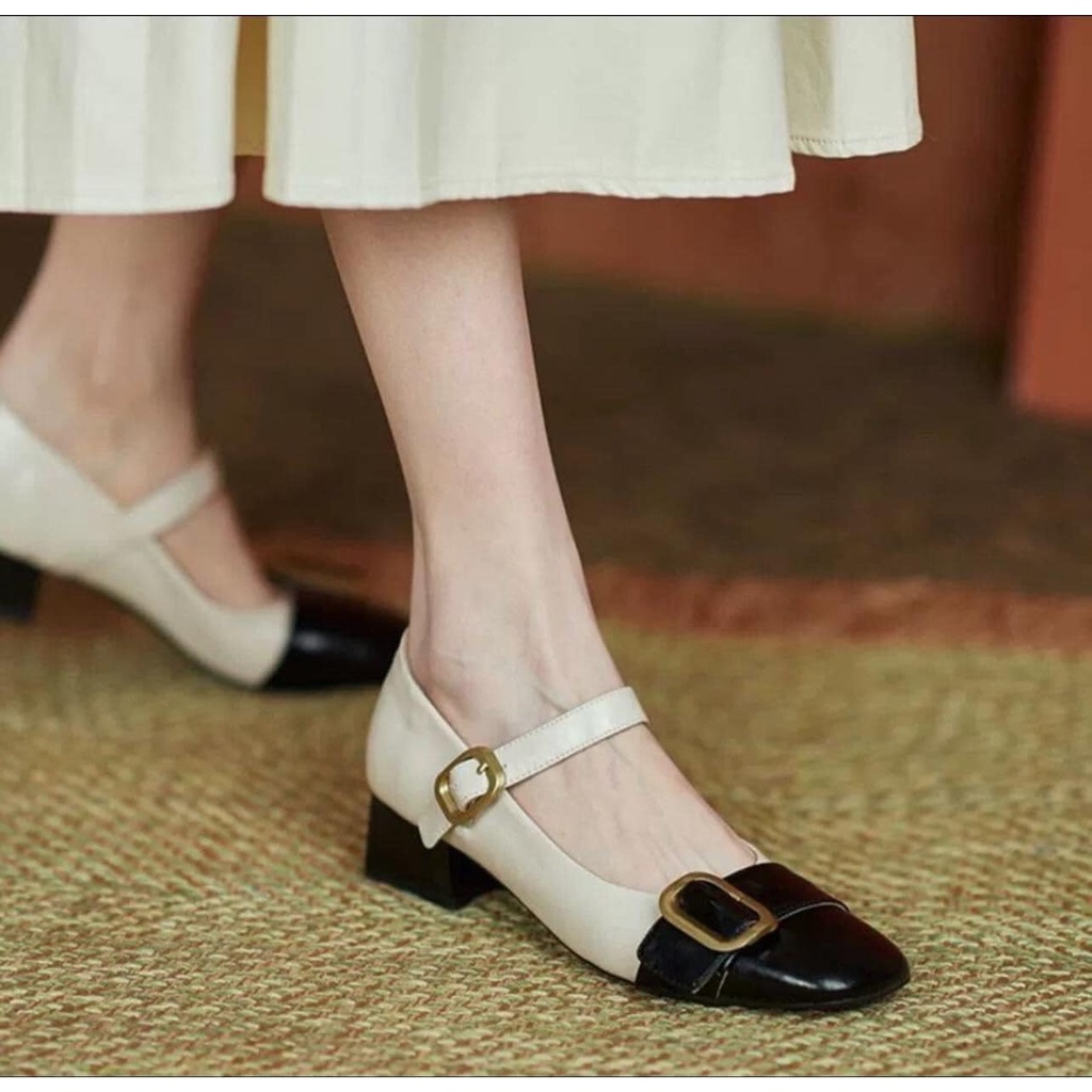Giày Cao Gót Nữ Đế Vuông Mũi Tròn Kiểu Dáng Vintage Đế Êm Tôn Chân