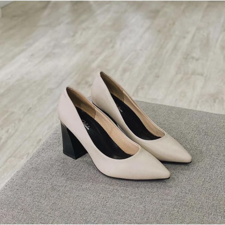 GIÀY CÔNG SỞ NỮ MŨI NHỌN GÓT VUÔNG ĐỘC LẠ CAO 8 CM - GIÀY ĐI LÀM NỮ CAO DƯỚI 10 PHÂN GÓT VUÔNG - ĐEN - KEM l;