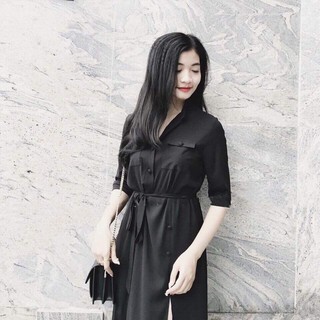 Đầm Dạo Phố Váy Đen DÀi Nút Bọc