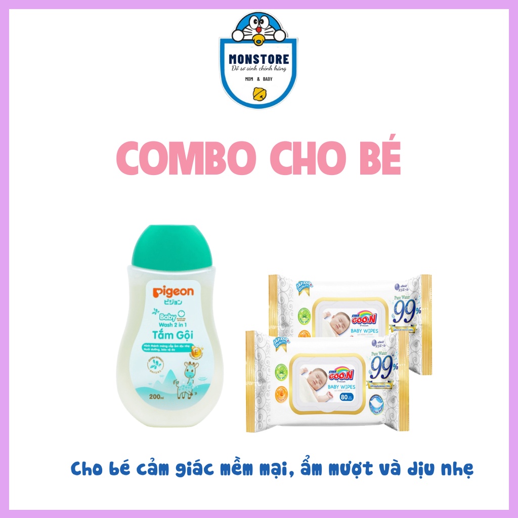 Sữa tắm gội 2 in 1 Pigeon Jojoba và Khăn ướt Goon 80 tờ không mùi cho bé