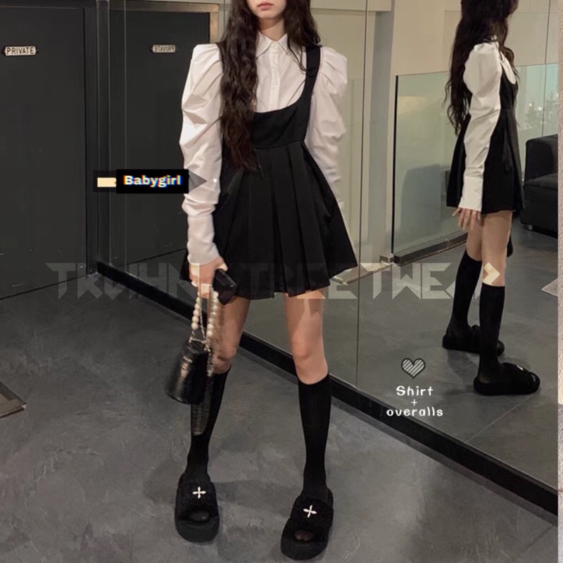 TKLIHN Set váy tiểu thư ULZZANG Áo sơmi tay phồng tiểu thư + váy yếm đen xoè Fashionita 2022