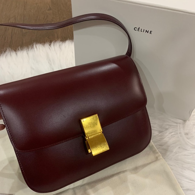 Túi Celine Box bag màu đỏ đô Burgandy cỡ tiêu chuẩn medium hộp nam châm full thẻ túi vải. Có sẵn Hà Nội