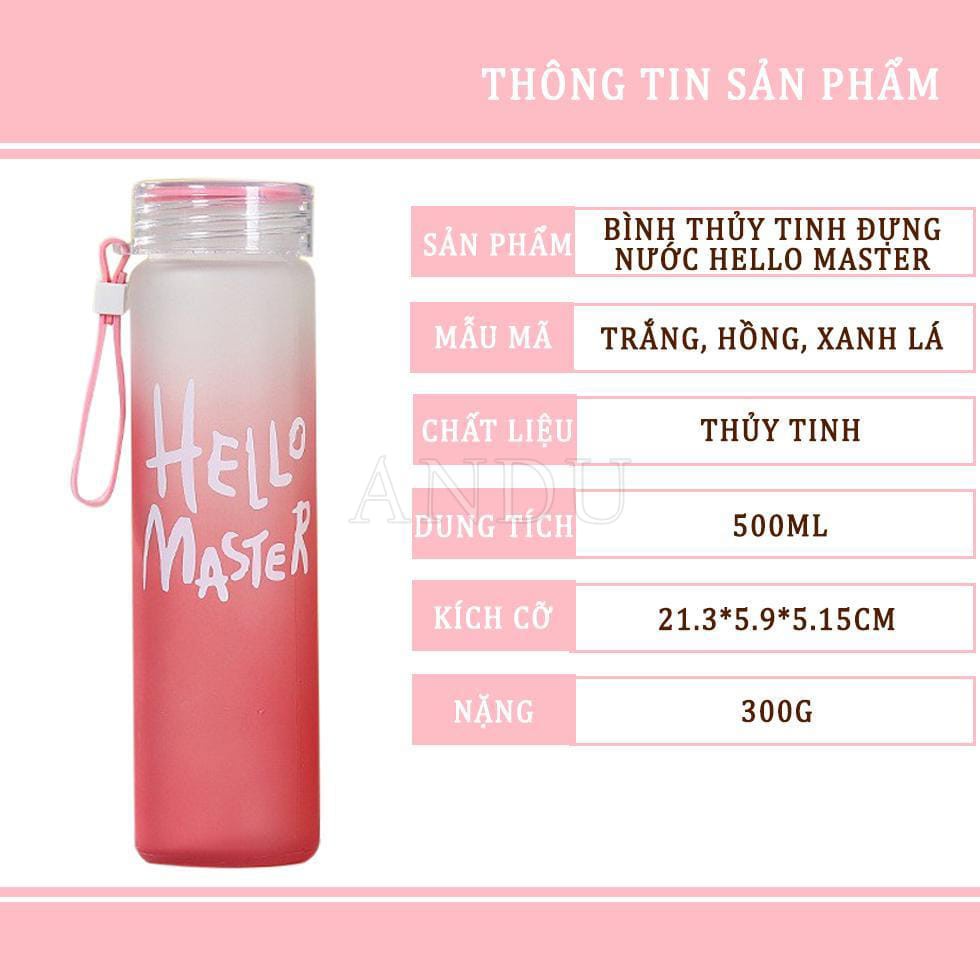 Bình Nước Thủy Tinh Hello Master, Chai Thủy Tinh Đựng Nước To 450ml Siêu Hot Có Dây Cầm