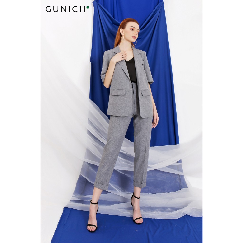 Áo blazer ngắn tay 2 lớp màu xám vải cotton Gunich