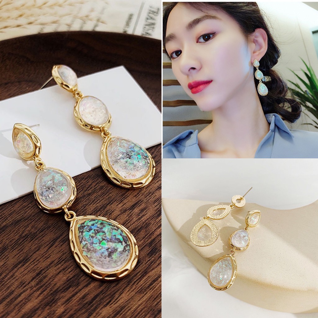 Khuyên tai nữ FREE SHIP 3 giọt nước nhũ kim sa óng ánh