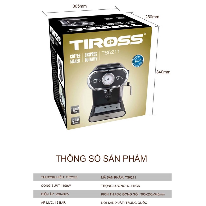 Máy Pha Cà Phê Espresso Tiross TS6211 – Phân Phối Chính Hãng – Bảo Hành 12 Tháng