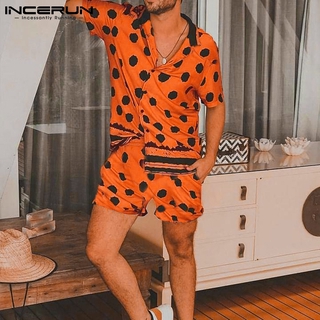 Set áo sơ mi tay lỡ dáng rộng họa tiết chấm bi phối quần short thời trang cá tính cho nam