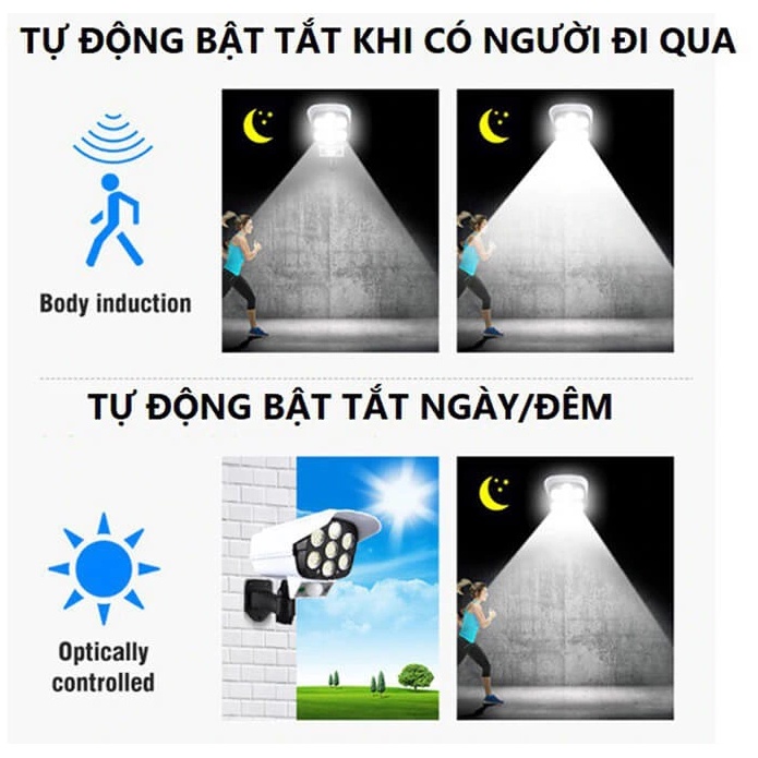 Đèn Năng Lượng Mặt Trời Giả Camera Ngoài Trời Tự Động BẬT TẮT Chống Trộm, Chống Nước IP67 Có Điều Khiển