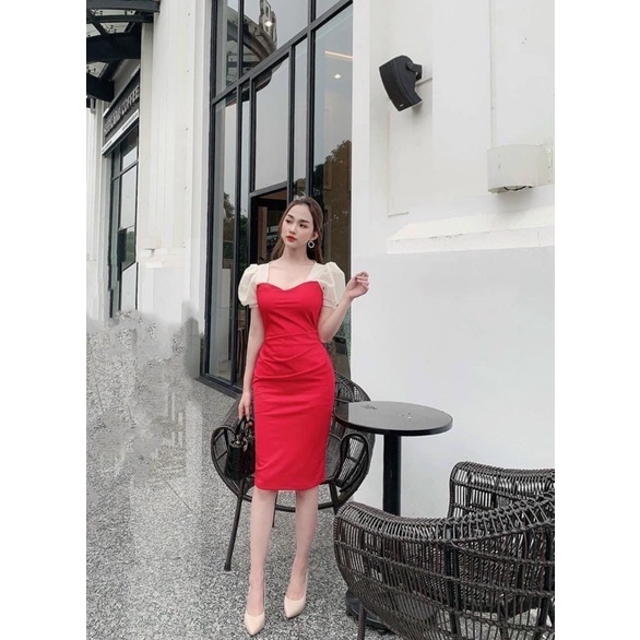 Đầm sang chảnh ôm body thiết kế cổ vuông tay bồng kín đáo, lịch sự | BigBuy360 - bigbuy360.vn