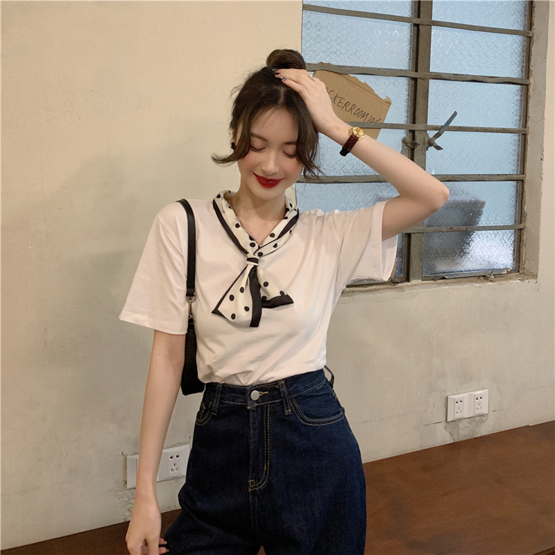 SUXI Áo thun tay ngắn phối khăn choàng lụa thời trang mùa hè dành cho nữ