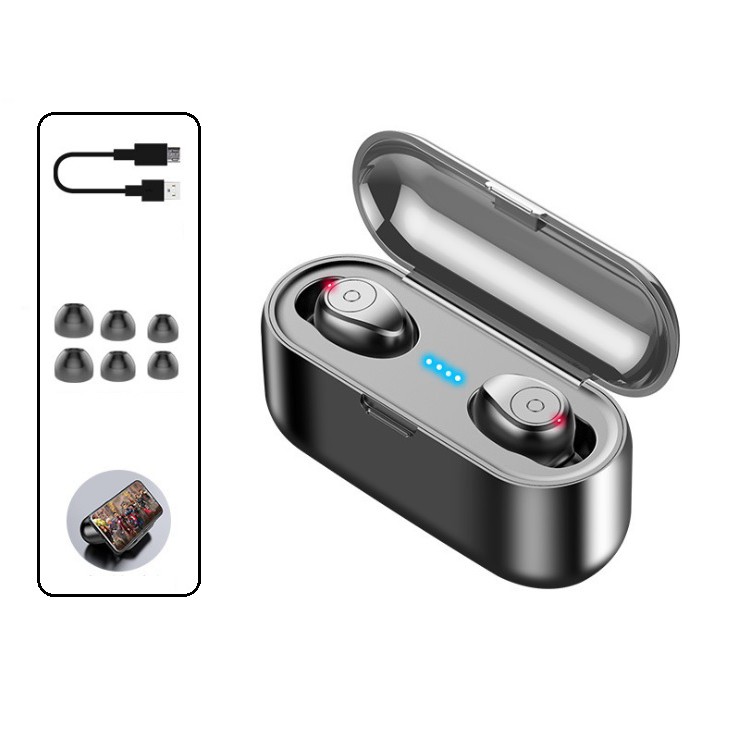 Tai nghe Bluetooth 8D TWS F9 nút bấm bản Quốc tế tặng dock loại không màn hình kháng nước thể theo stereo