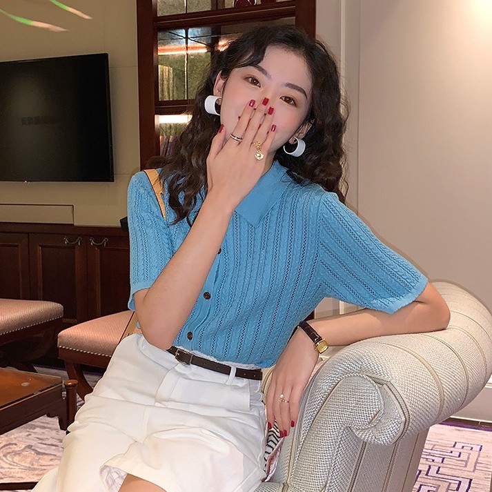 Áo dệt kim tay ngắn màu sắc đơn giản phong cách retro thời trang dành cho nữ