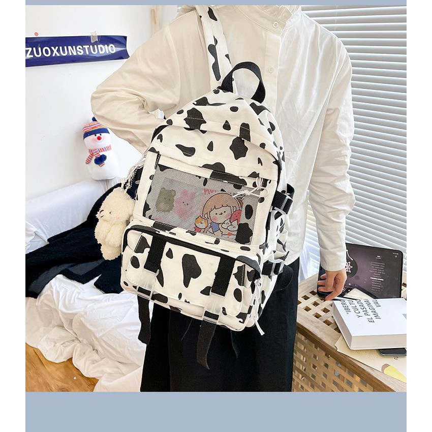 Balo HAZI cao cấp nam. nữ thời trang đi học đi chơi du lịch họa tiết ngựa vằn, bò sữa phong cách Hàn Quốc