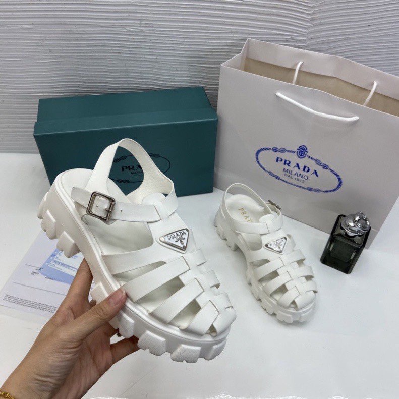 Sandal dép quai hậu Prada mũi rọ, đế độn 5cm