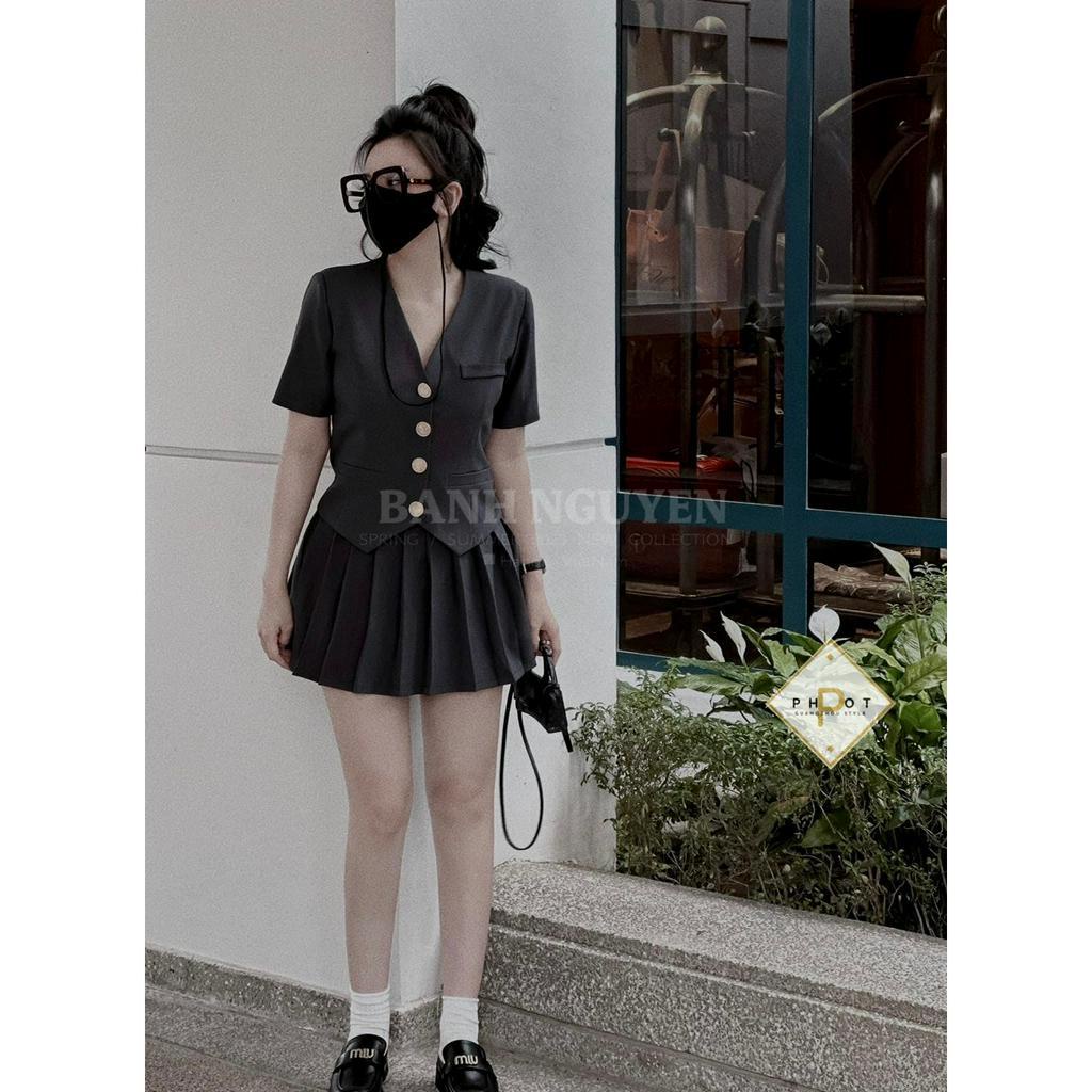 Set Áo Vest Croptop Kèm Chân Váy Xếp Ly sang chảnh Freesize Lim Fashion