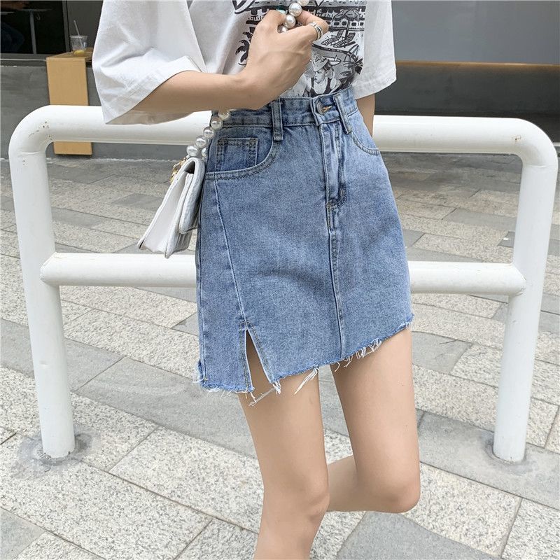 COZOK Chân váy jean Lưng Cao Xẻ Tà Đơn Giản Hợp Thời Trang Dễ Phối Đồ