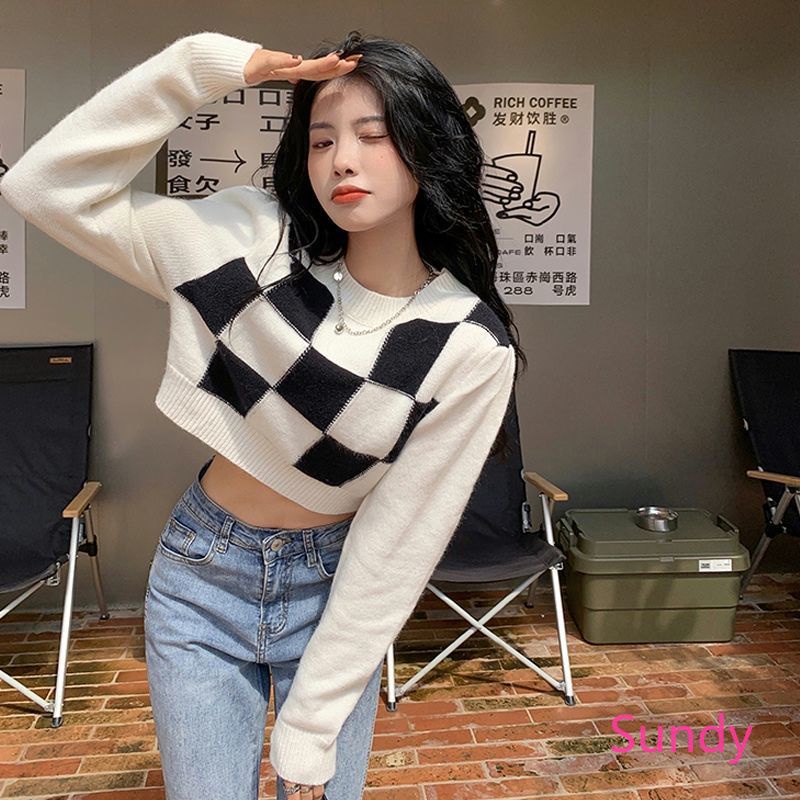 Áo Croptop Dệt Kim Tay Dài Hoạ Tiết Kẻ Sọc Phong Cách Vintage