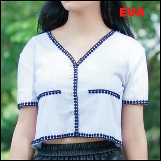 Áo croptop ngắn tay cổ v rt025 eva áo kiểu nữ viền ren siêu xinh chất lượng