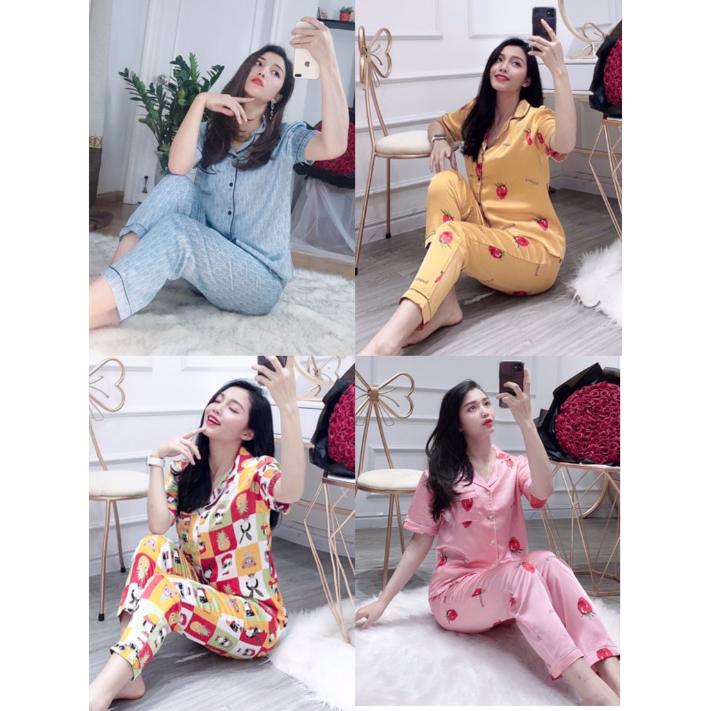 Bộ ngủ pijama lụa satin hình dâu tay ngắn quần dài