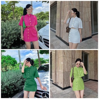 Set áo cổ sơ mi croptop + chân váy đính nút