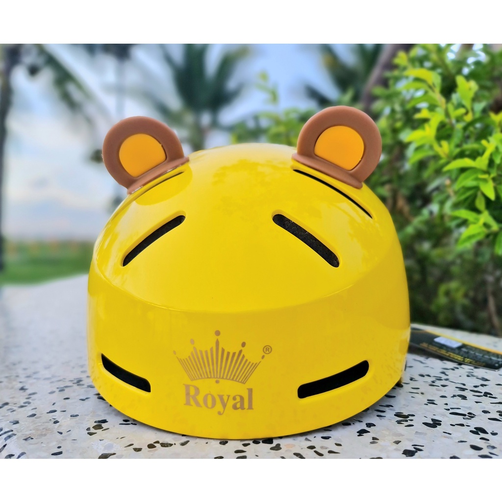 Combo Nón bảo hiểm Royal MD17 vàng bóng gắn tai gấu nâu vàng
