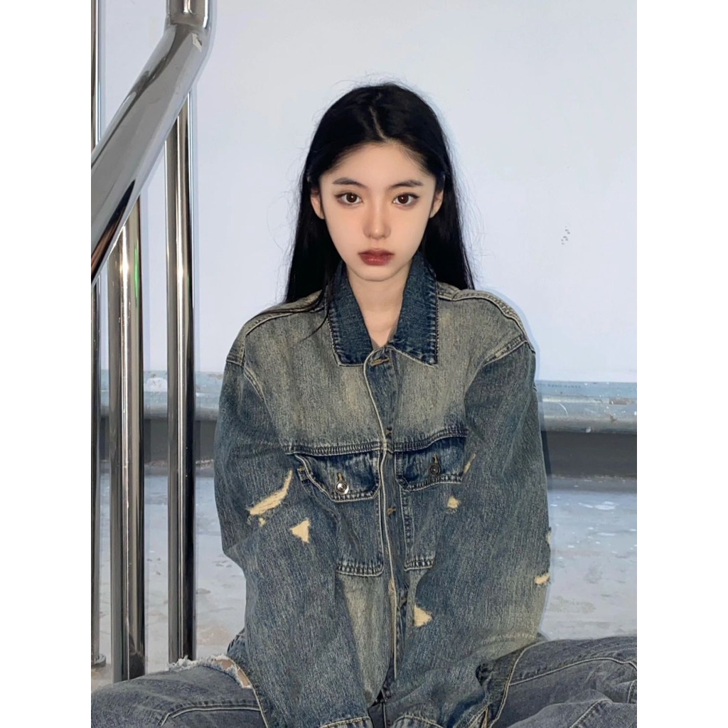 ☌♣☈Áo Khoác Denim Rách Dáng Rộng Phong Cách Retro Đường Phố Mùa Thu Cho Nữ