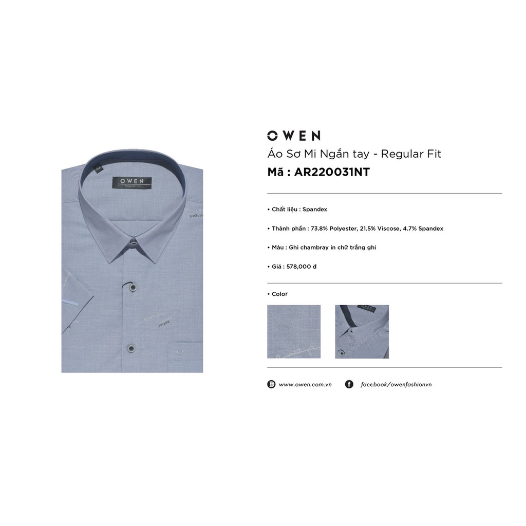 Áo Sơ Mi Nam Ngắn Tay OWEN AR220031NT Somi Công Sở Cao Cấp Màu Ghi In Chữ Vải Polyester Dáng Suông Tà Lượn Có Túi