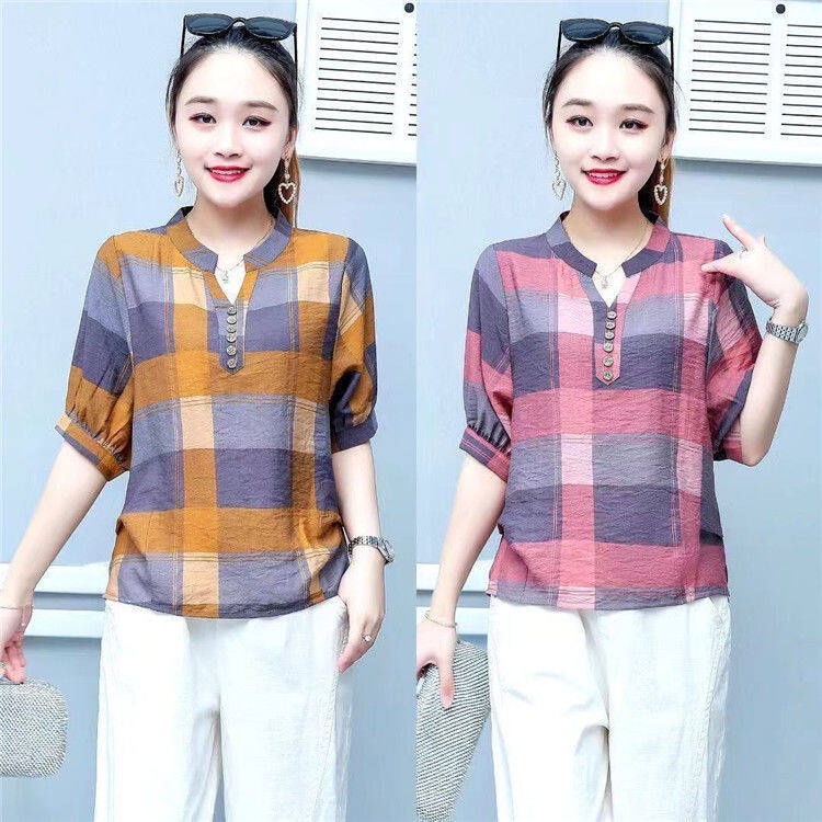 Áo Sơ Mi Cotton Linen Dáng Rộng Kẻ Sọc Caro Thời Trang Mùa Hè Phong Cách Hàn Quốc Cho Nữ Mới