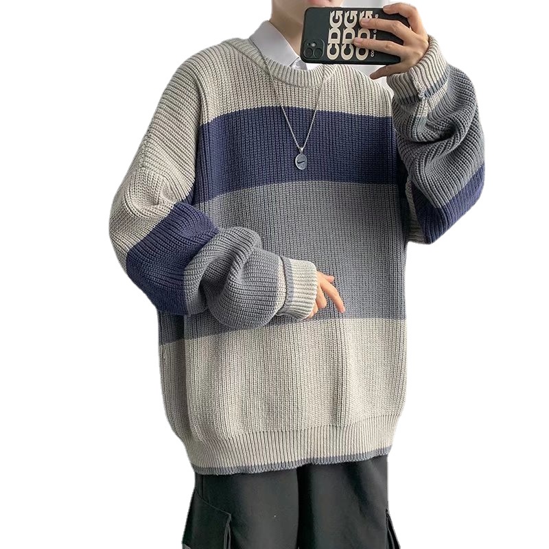 Áo sweater dệt kim cổ tròn tay dài dáng rộng màu sắc tương phản phong cách thời trang Hong Kong cho nam size M-2XL