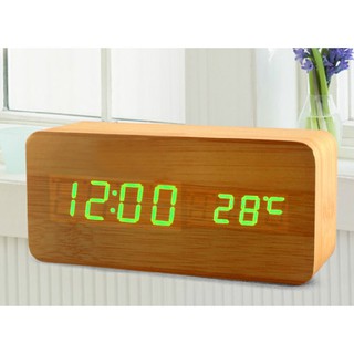 Đồng hồ gỗ led để bàn hình chữ nhật, hiển thị cùng lúc thời gian - nhiệt độ hoặc ngày - tháng - năm