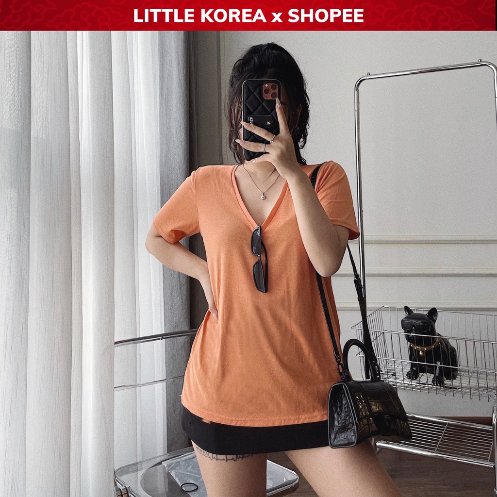 COMBO 3 Áo Phông Nữ Cổ Tim Cộc Tay, Áo Thun Nữ Cổ V Ngắn Tay Form Rộng Basic - LITTLE KOREA