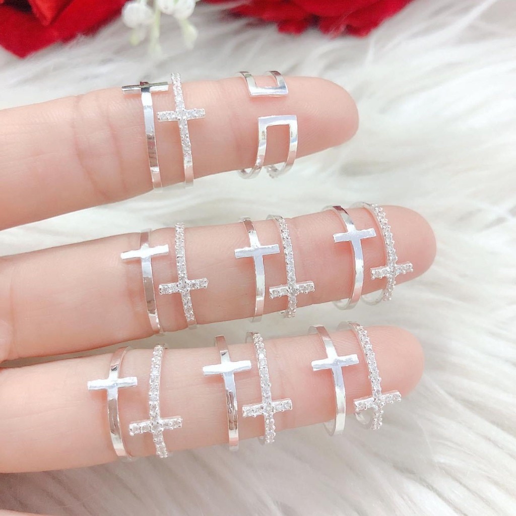 Nhẫn Bạc Nữ Hình Thánh Giá Kép Hở Freesize - Minh Canh Jewelry