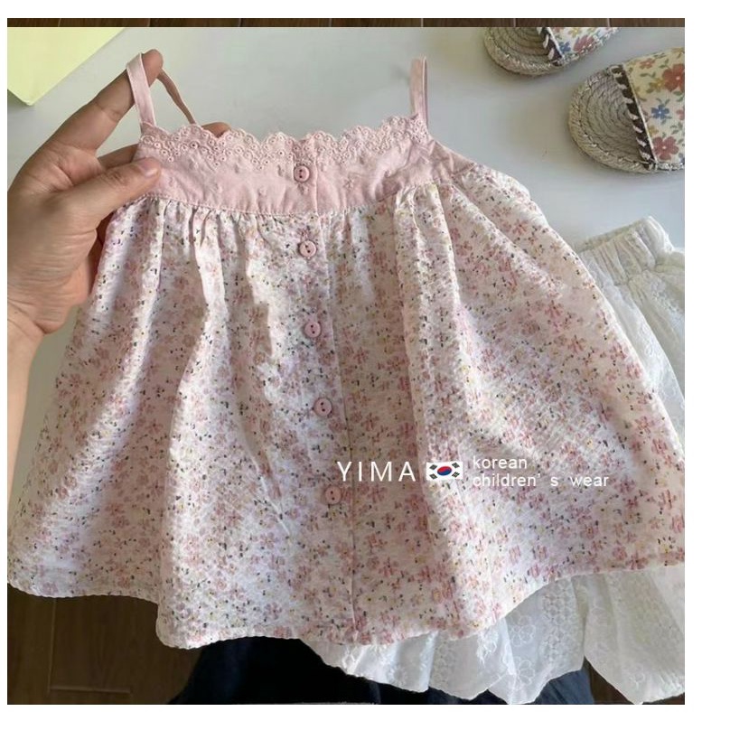 [Babycat] Hàng Có Sẵn Áo Hai Dây Cotton Hoa Hồng Phong Cách Nhật Bản Hàn Quốc Ngọt Ngào Mùa Hè Cho Bé Gái