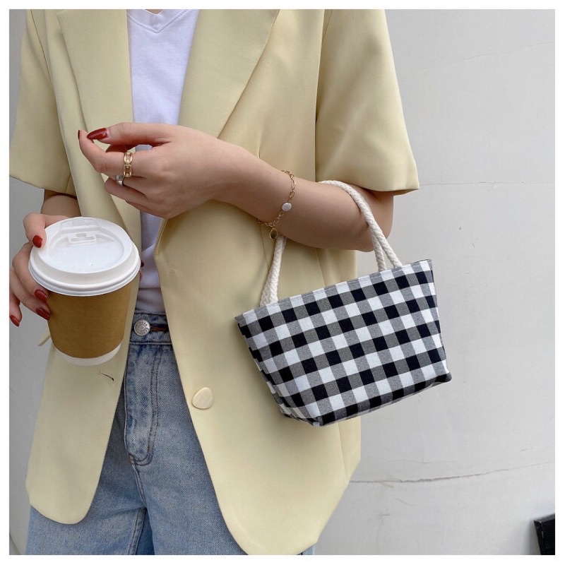 Túi vải canvas cầm tay hàng Quảng Châu kẻ caro nhỏ có khoá kéo tay cầm