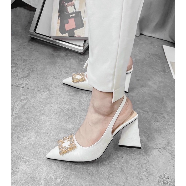 Giày sandal cao gót hoa đá vuông gót Tam giác 9p chanh xả