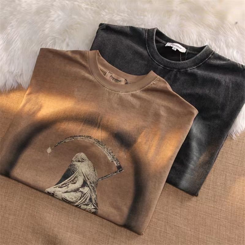 Áo Thun Cotton Tay Ngắn Màu Tối In Họa Tiết Thần Chết Phong Cách Retro Mỹ Thời Trang Cho Nam Và Nữ