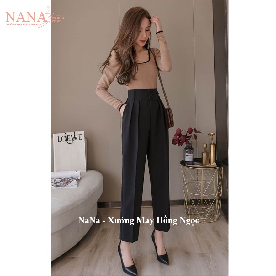 Quần baggy cạp cao bản to liền phối 3 khuy cúc cài dáng dài ống suông rộng - Màu Đen Kem - Vải tuyết mưa đi học công sở