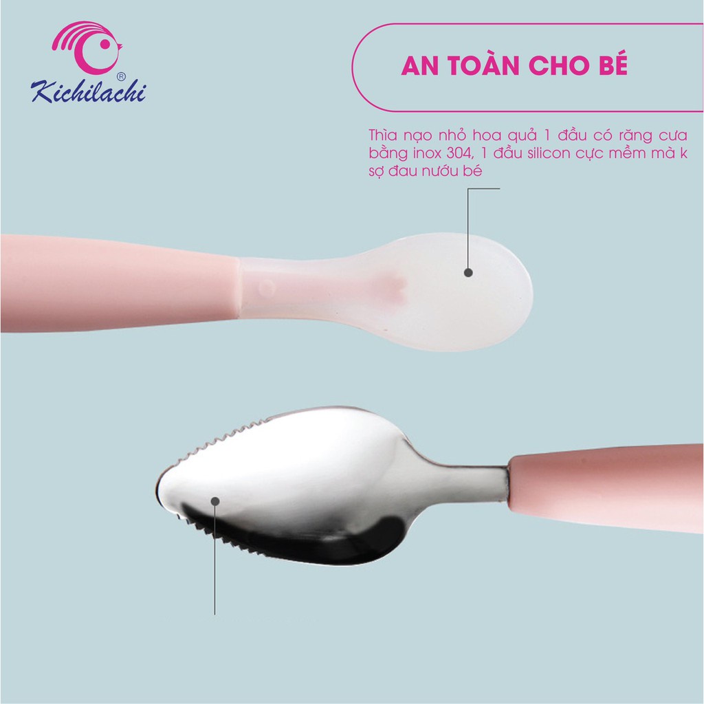 Thìa nạo nhỏ hoa quả Kichilachi cho bé ăn dặm tích hợp 2 đầu silicon và inox tiện dụng - MINIBOO