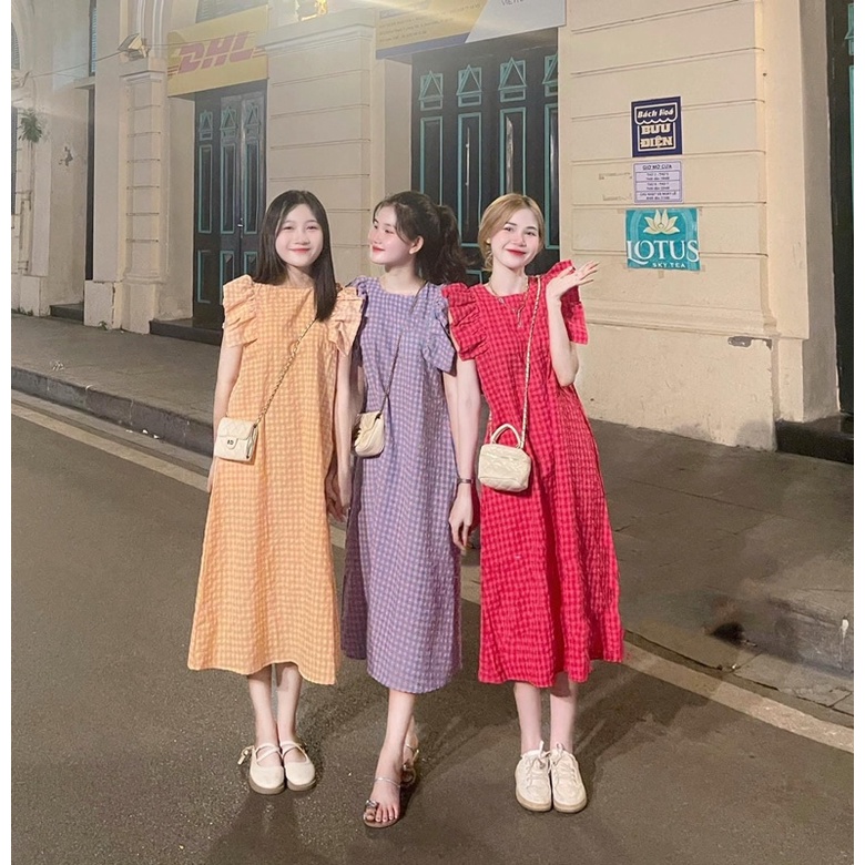 Đầm suông kẻ ô cánh tiên - Váy maxi dáng suông kẻ ô đầm nhóm