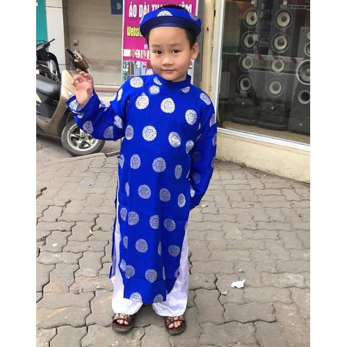 ÁO DÀI KHĂN XẾP MÀU XANH TRUYỀN THỐNG TRẺ EM HOA ĐỒNG TIỀN, ÁO DÀI TRẺ CON ADTEĐX-XD