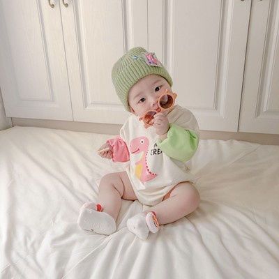 Áo liền thân tay dài in hình khủng long hoạt hình cho bé