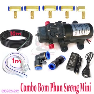 Combo máy bơm phun sương có nguồn, bơm phun sương mini, máy bơm mini, máy bơm, béc phung sương, quạt hơi nước, hơi nước