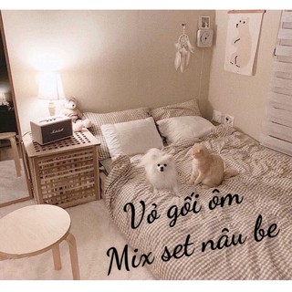 Vỏ gối ôm cùng màu ga giường trong đơn chăn ga cotton poly caro nâu be & các mẫu hot.