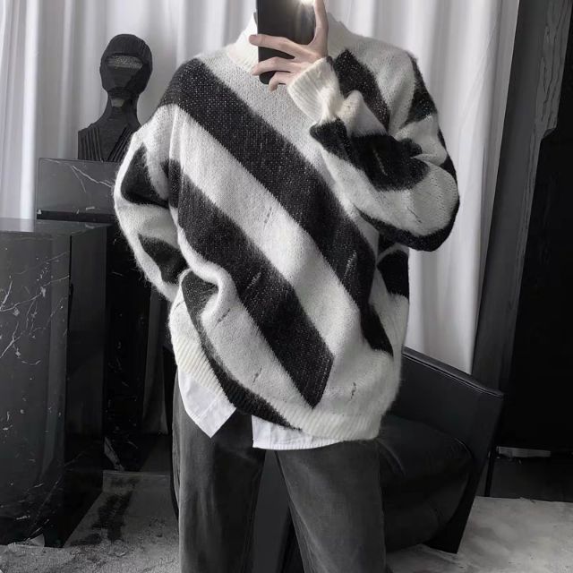Áo len lông sọc đen trắng chéo cổ tròn OFF-WHITE style Ulzzang Hàn quốc siêu chất