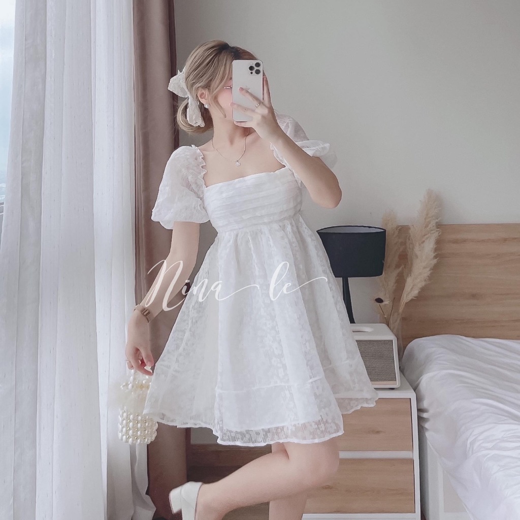 Váy trắng hở lưng cổ vuông thắt eo đầm xòe tay bồng dự tiệc hẹn hò HATI