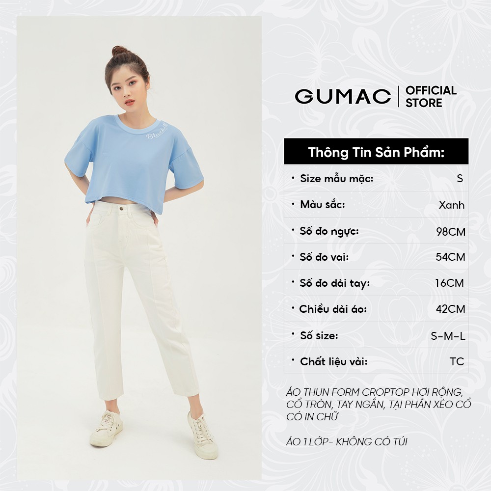 [Mã WABRGU100 giảm 15% đơn 249K tối đa 100k] Áo croptop nữ in chữ GUMAC phong cách uzzlang cá tính màu xanh ATB335 | BigBuy360 - bigbuy360.vn