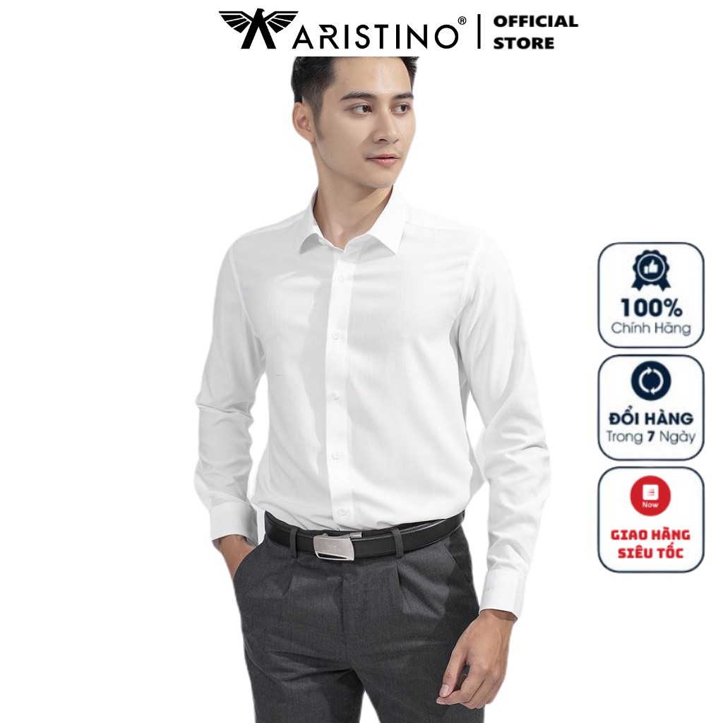 Áo Sơ Mi Nam Dài Tay ARISTINO ALS07709 Somi Công Sở Cao Cấp Màu Trắng Sọc Hạt Nổi Vải Nano Dáng Ôm Không Túi