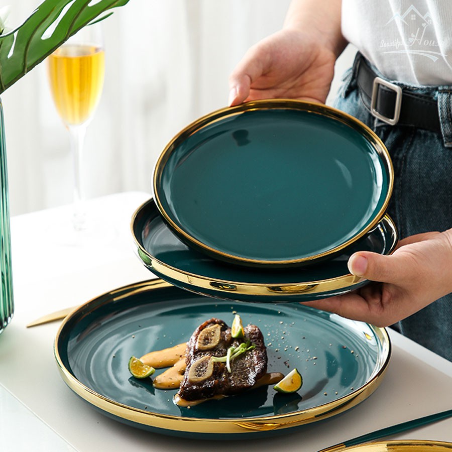 [LẺ CHI TIẾT] Bộ Bát, Đĩa Sứ Màu Xanh Cổ Vịt - Sứ Cẩm Thạch Viền Vàng 24k Sang Trọng