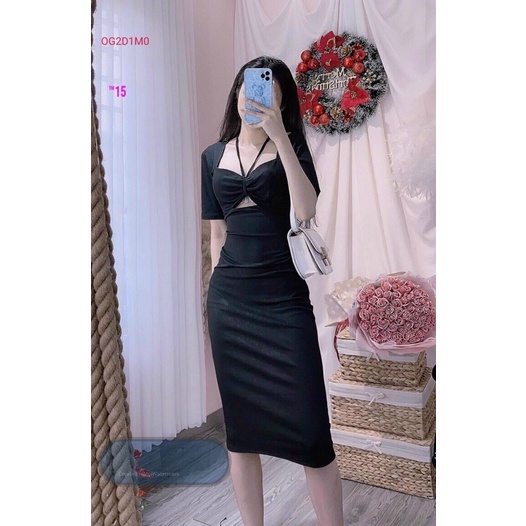 Đầm body Thun Gân Cột Dây xoắn ngực